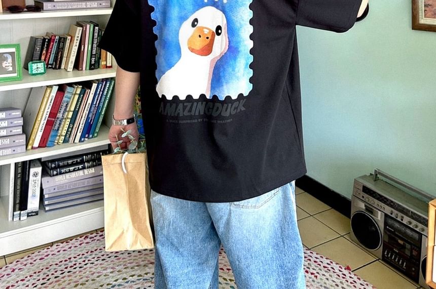 SeoulPop - T-shirt met korte mouwen en eendenprint en losse pasvorm