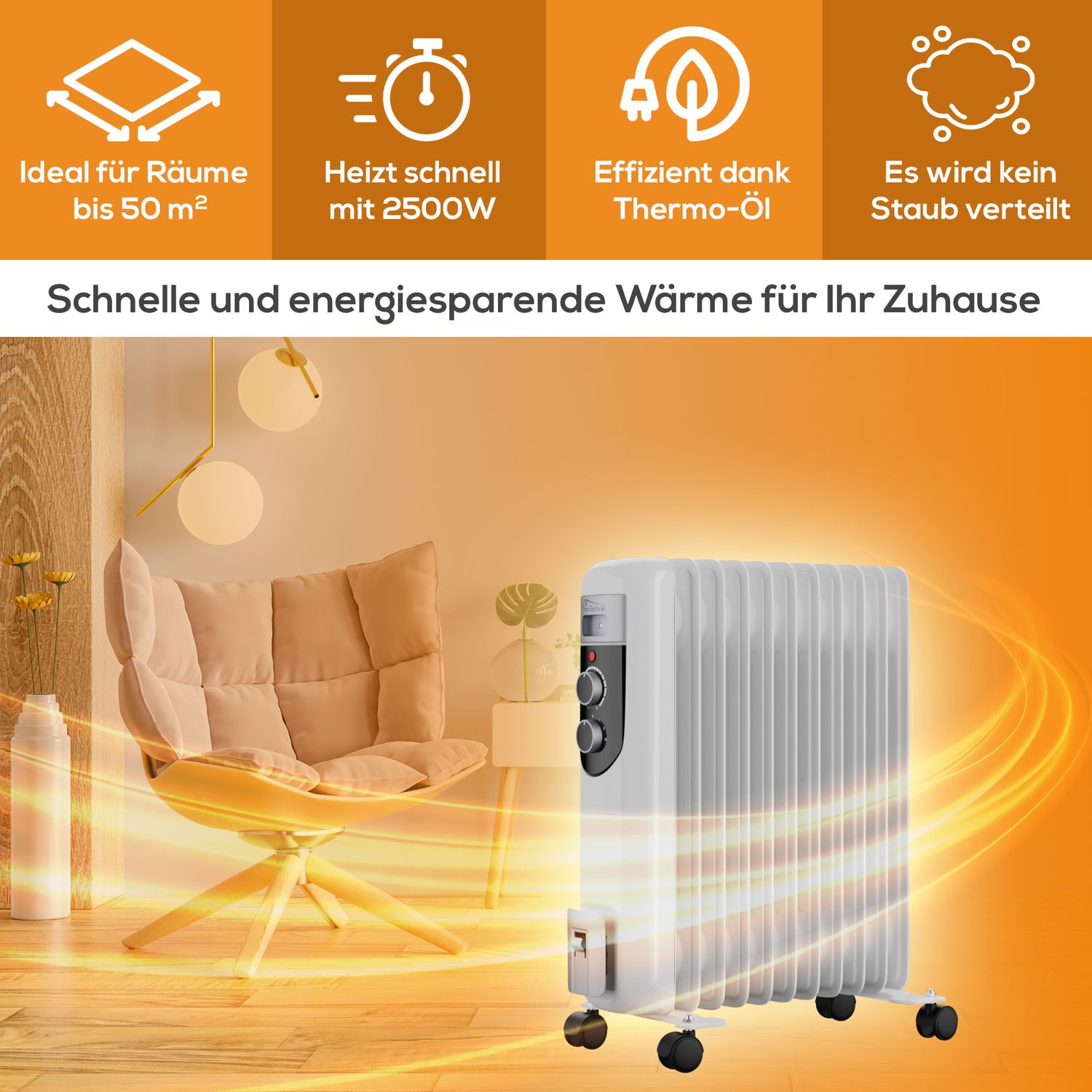 TroniTechnik® Elektroheizung Ölradiator Öl-Heizung Radiator 3 Heizstufen 11 Rippen Elektrischer Heizkörper Thermostat