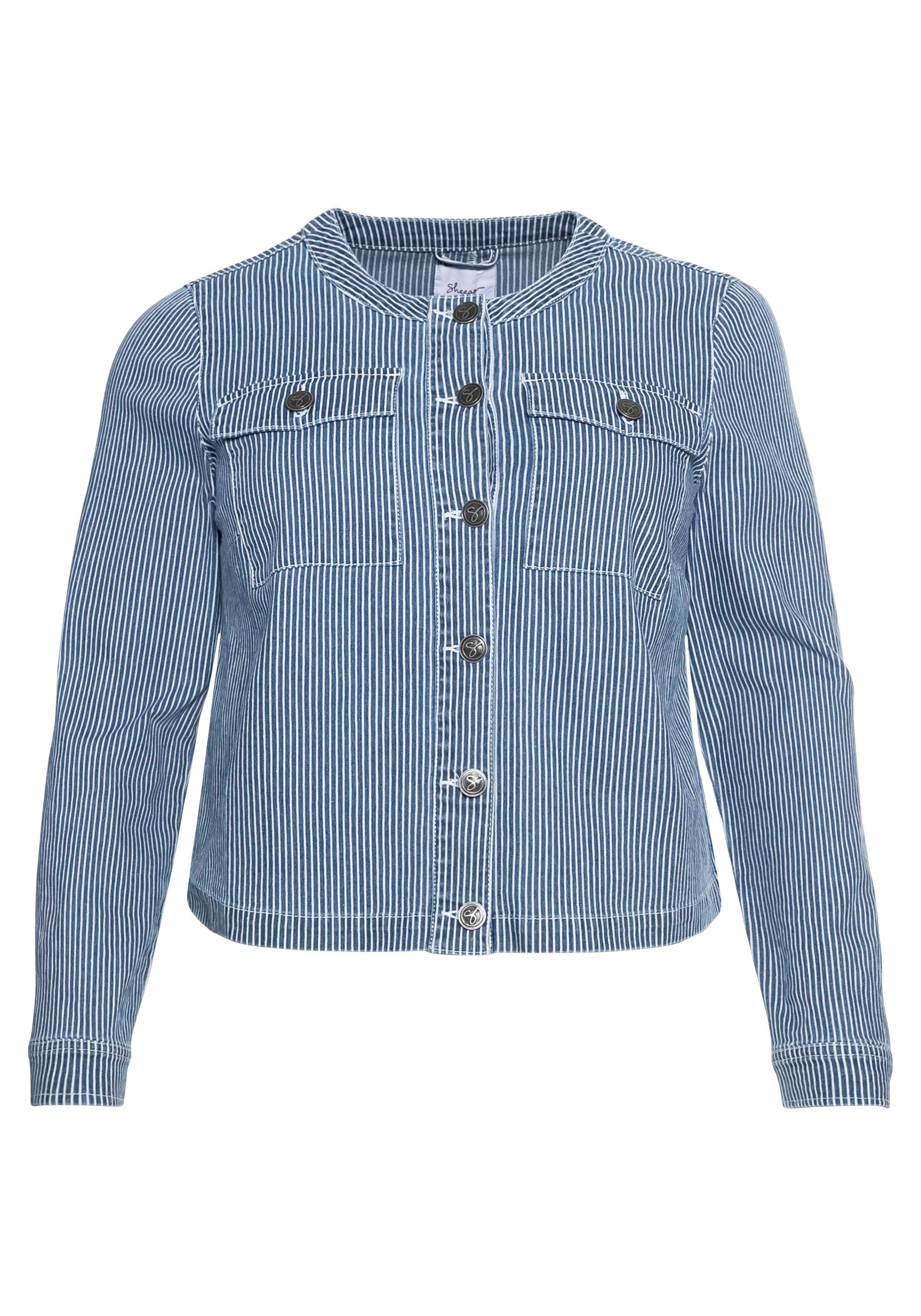 Jeansjacke mit Streifen,  in kragenloser Form