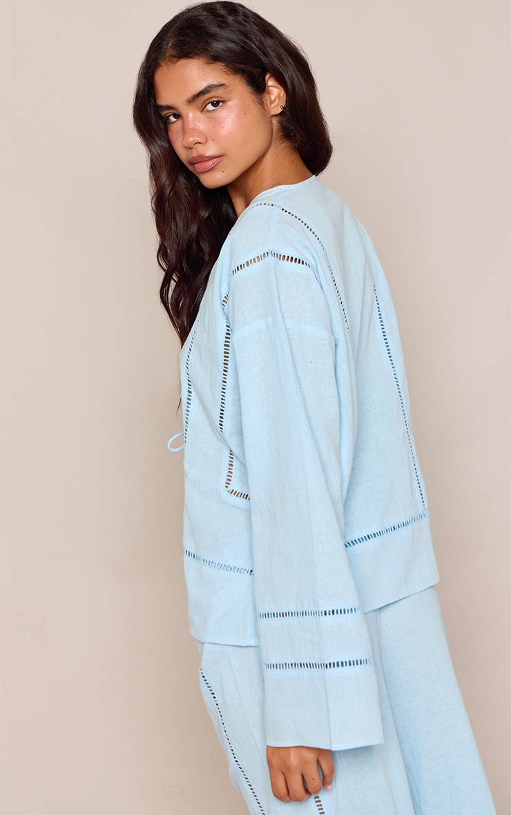 Bleu Ensemble Coordonné Chemise En Lin Avec Détails Ajourés