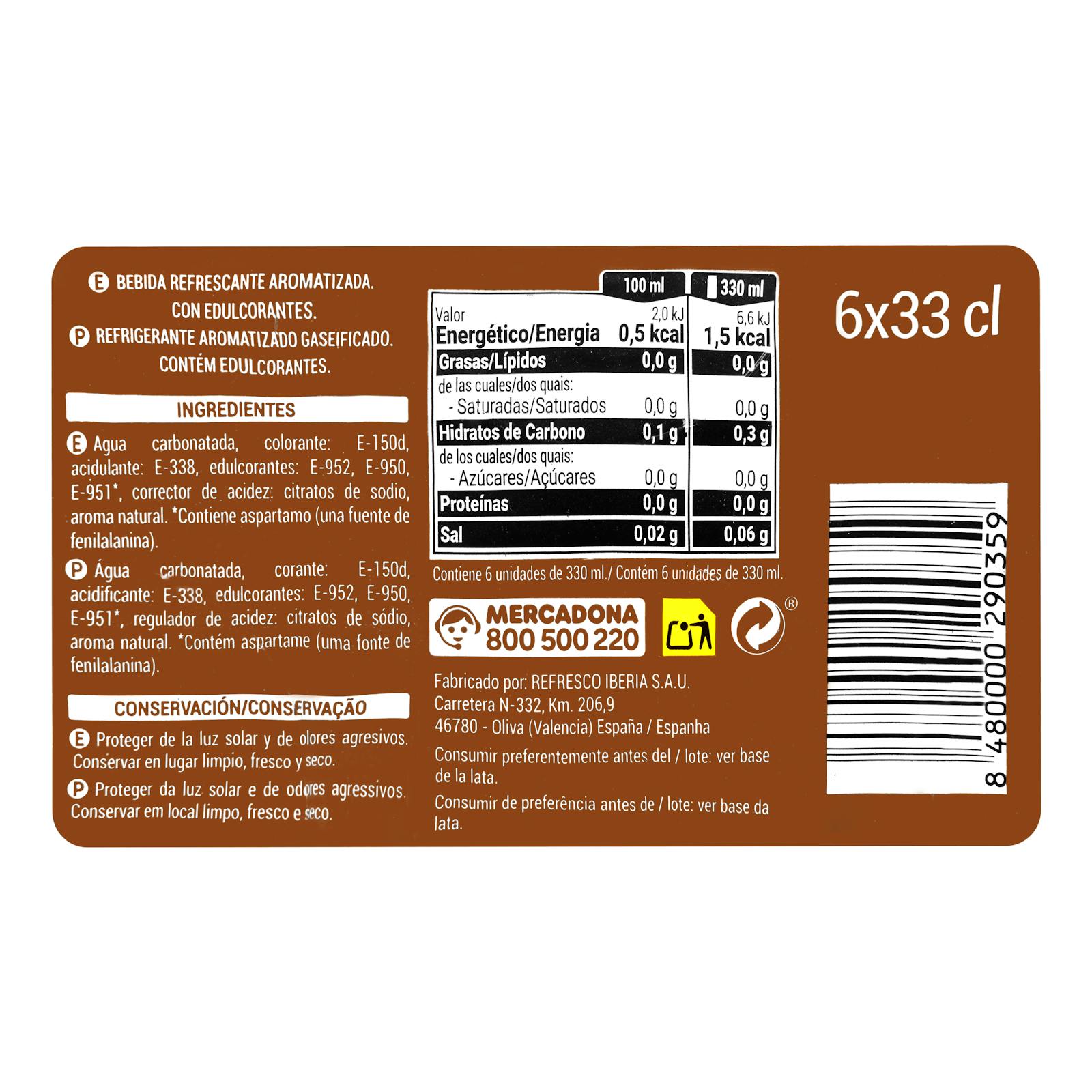Boisson gazeuse Hacendado Cola Zéro sucre Zéro caféine