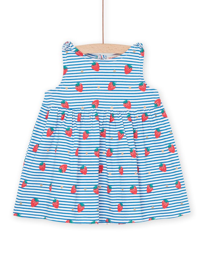 Robe à imprimés fraises, coeurs et à rayures blanches et bleues