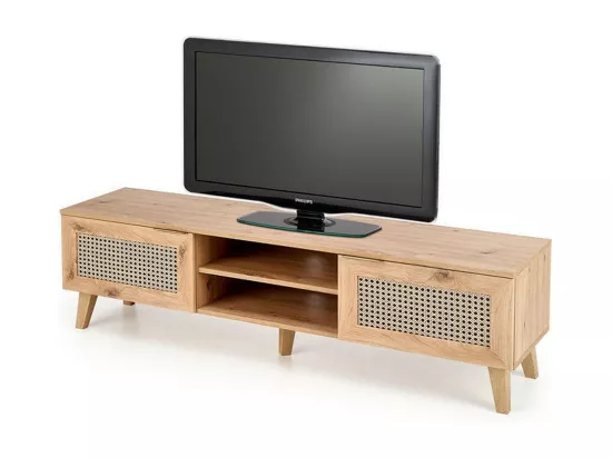 Meuble TV aspect chêne naturel et rotin Kina