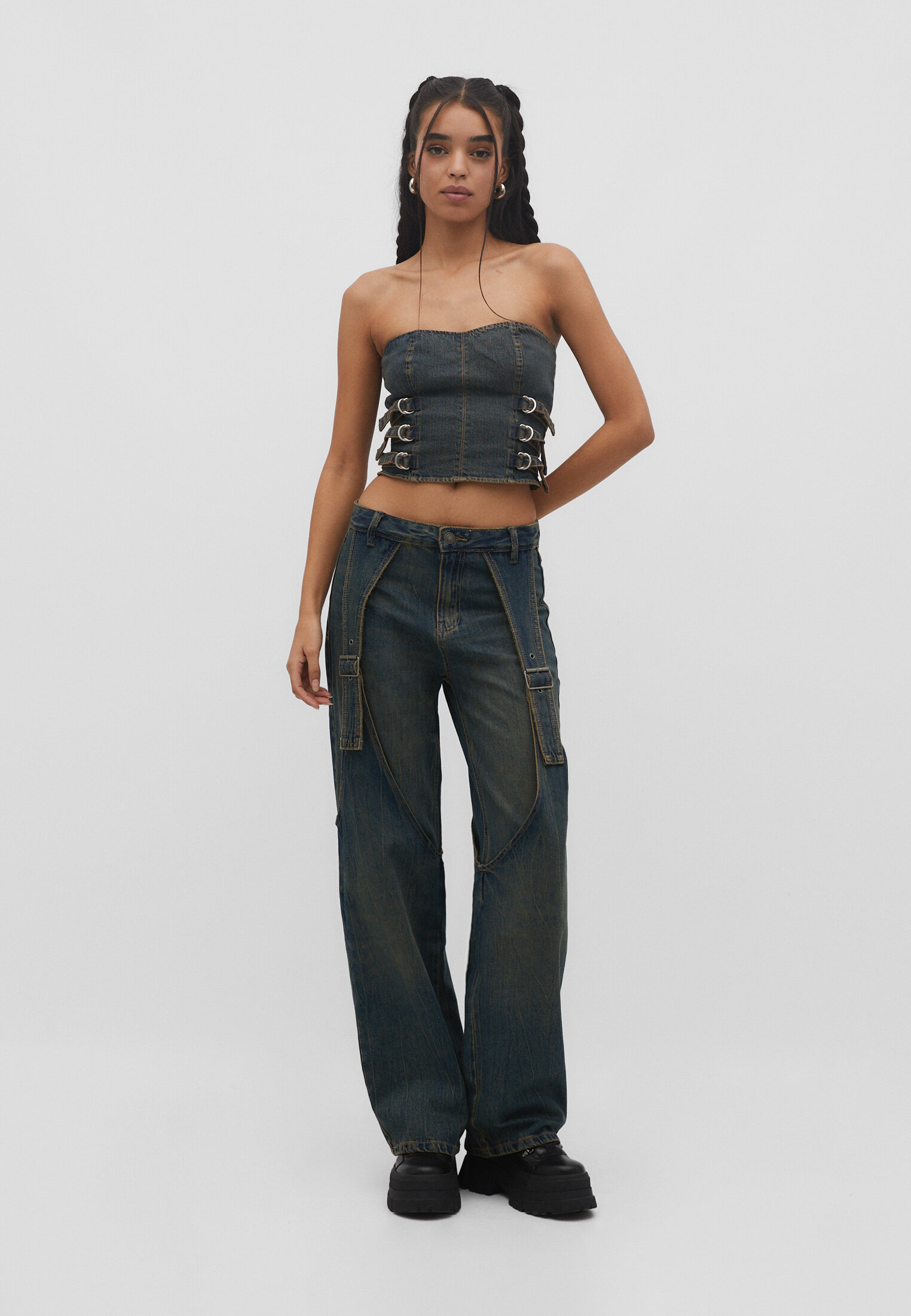 Top jeans com ajuste lateral