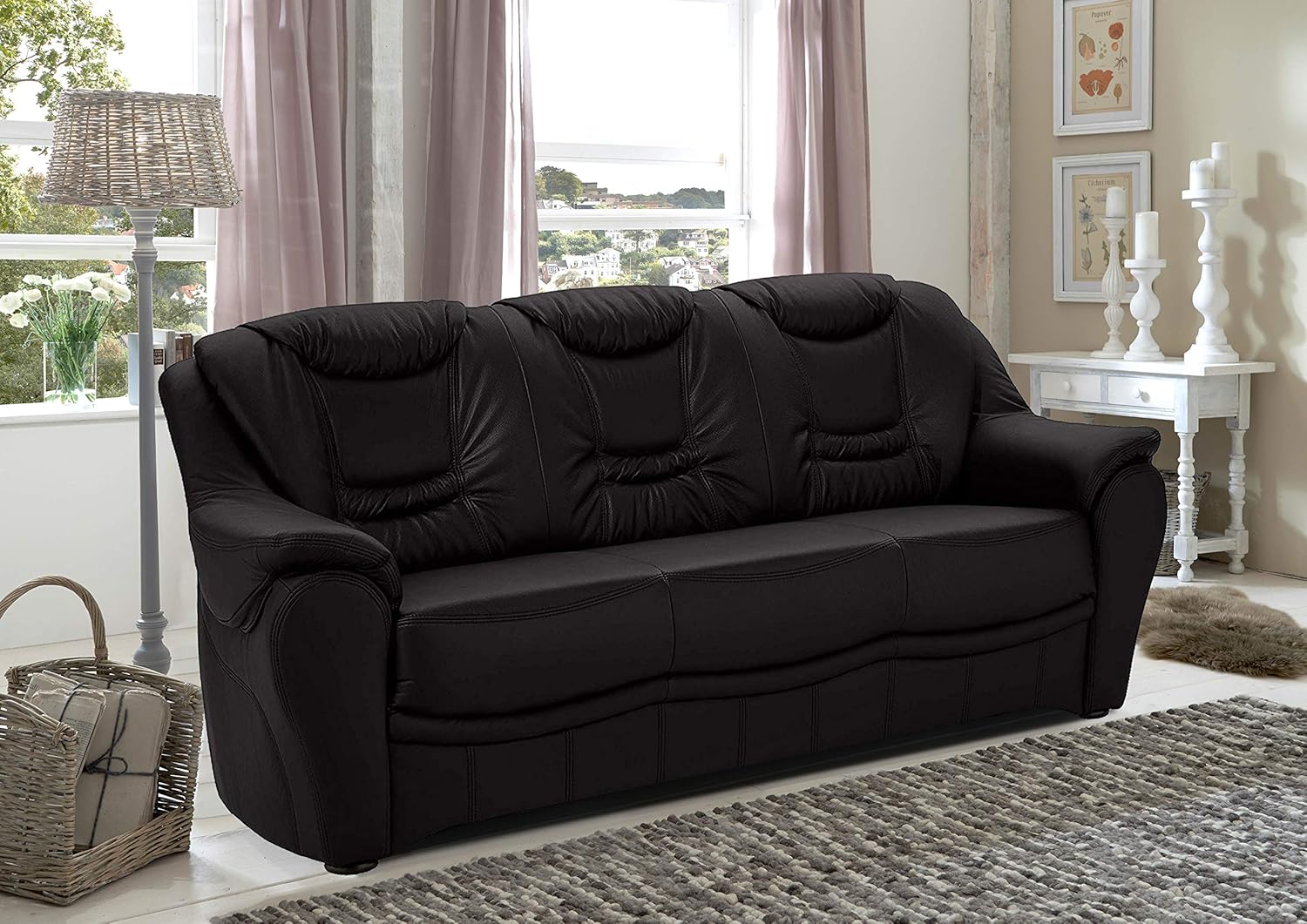 Cavadore 3-Sitzer Bansa mit Federkern / Polstercouch in Kunstleder / 198 x 94 x 95 / Lederoptik Schwarz