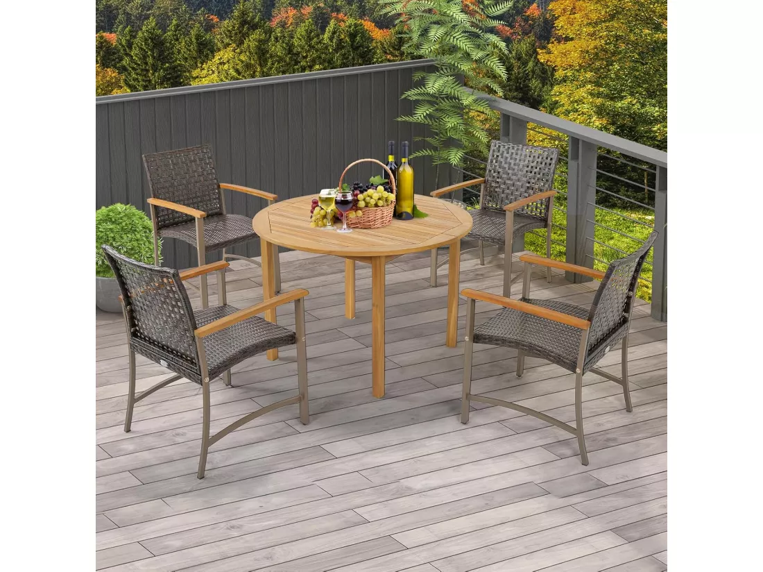 Lot de 4 Chaises de Jardin Empliables en Rotin, Fauteuil d'Extérieur avec Accoudoirs en Bois d'Acacia et Structure Métallique Robuste, pour Balcon, Cour, Bord de Piscine, Charge 180 KG