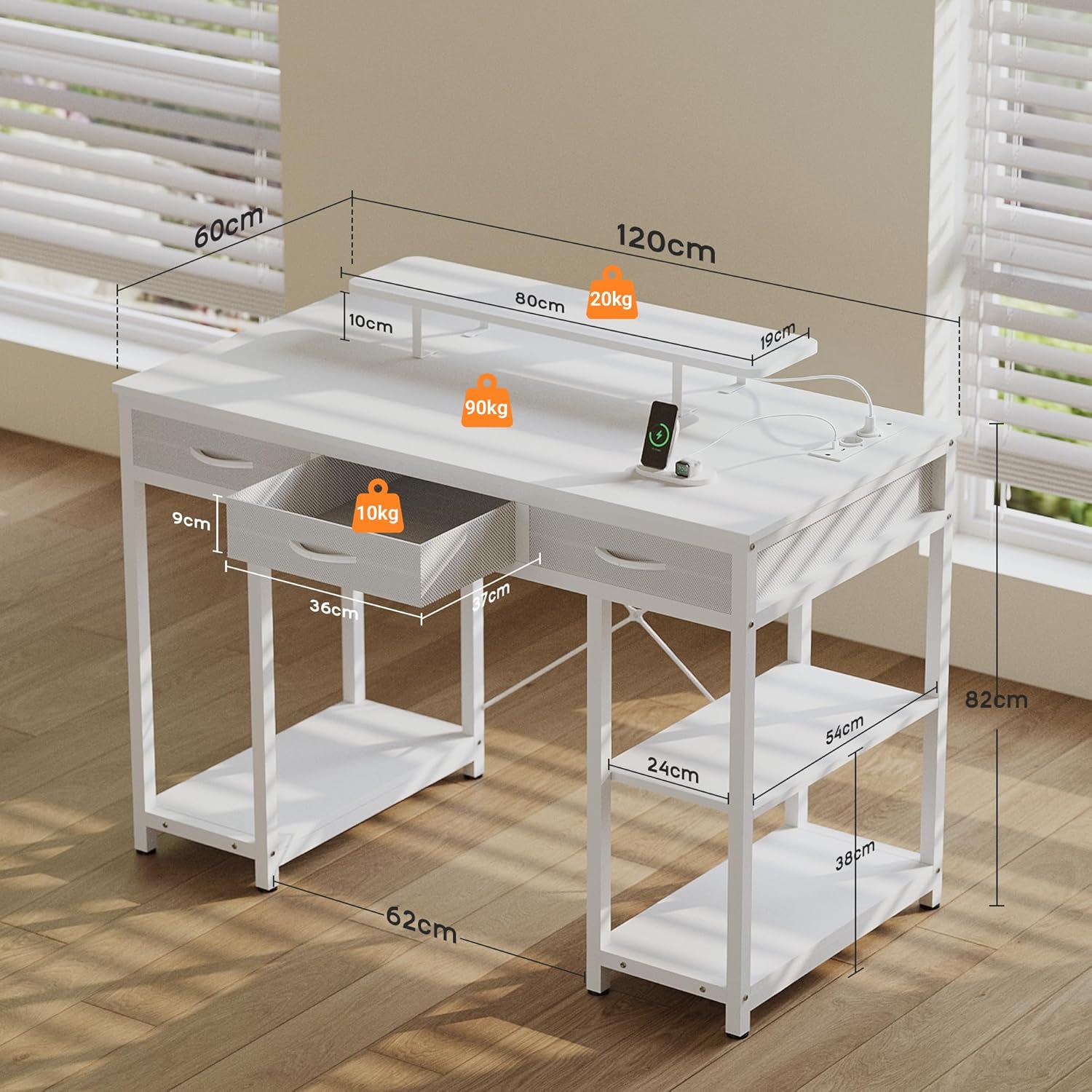 Claiks Computertisch mit 3 Schubladen, 120 x 60 cm Schreibtisch mit Regal, Tisch mit 2 Steckdosen und 2 USB-Ladeanschlüsse, Bürotisch PC-Tisch für Home Office, Wohnzimmer, Weiß