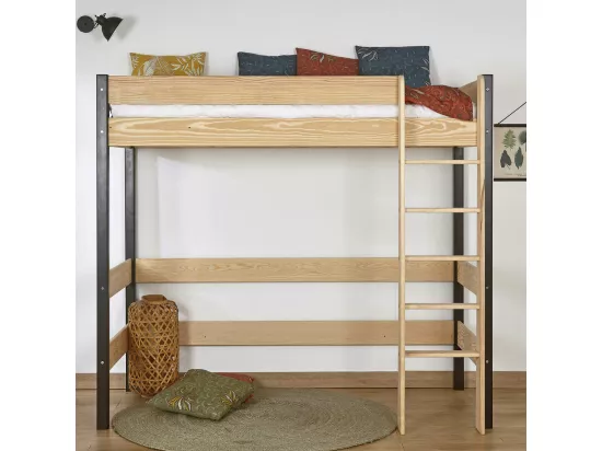 Pack lit mezzanine avec matelas 90x190 cm bois massif noir et bois CLEM