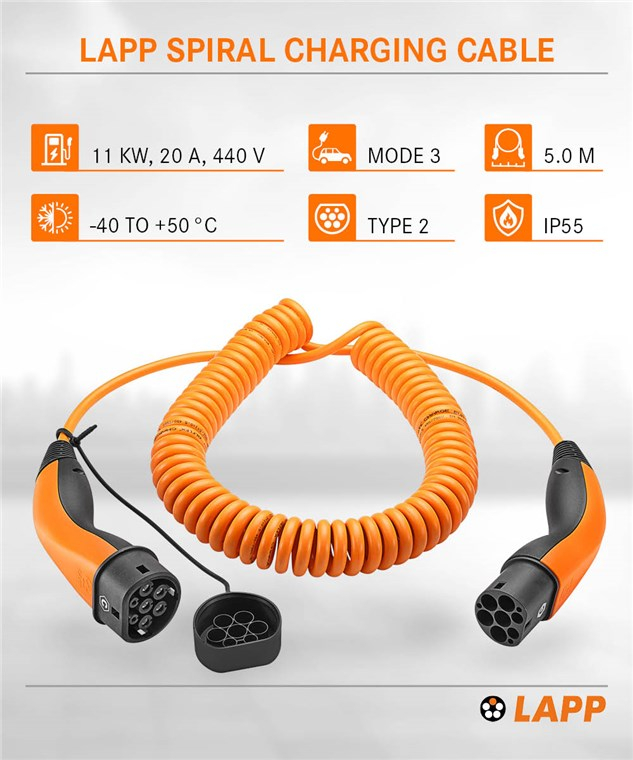 (5m) 11kW/20A Elektroauto Spiral Ladekabel 3-phasiges Stromkabel für Hybrid- / E-Autos mit Typ 2 Anschluss (61799) - Orange