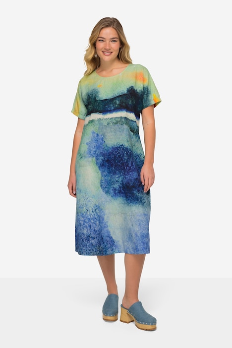 Leinenmix-Kleid, A-Line, Landschafts-Print, Rundhals, Halbarm