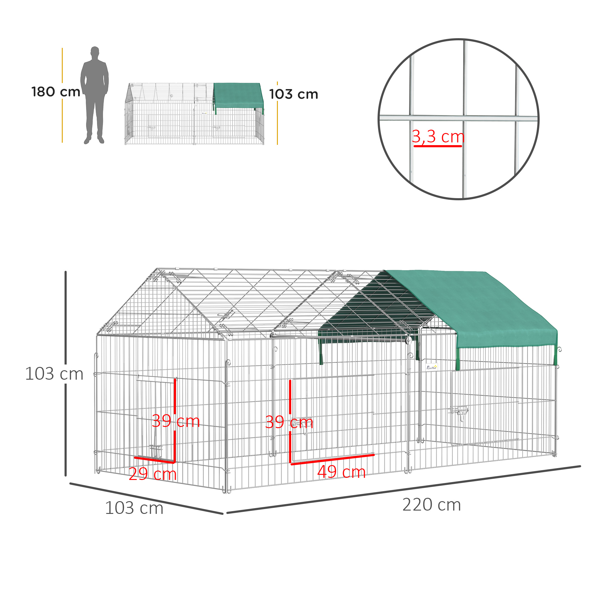 Gaiola PawHut para pequenos animais, 220x103x103 cm, com 2 portas e proteção solar, ideal para coelhos, jardins e pátios externos, nas cores prata e verde.