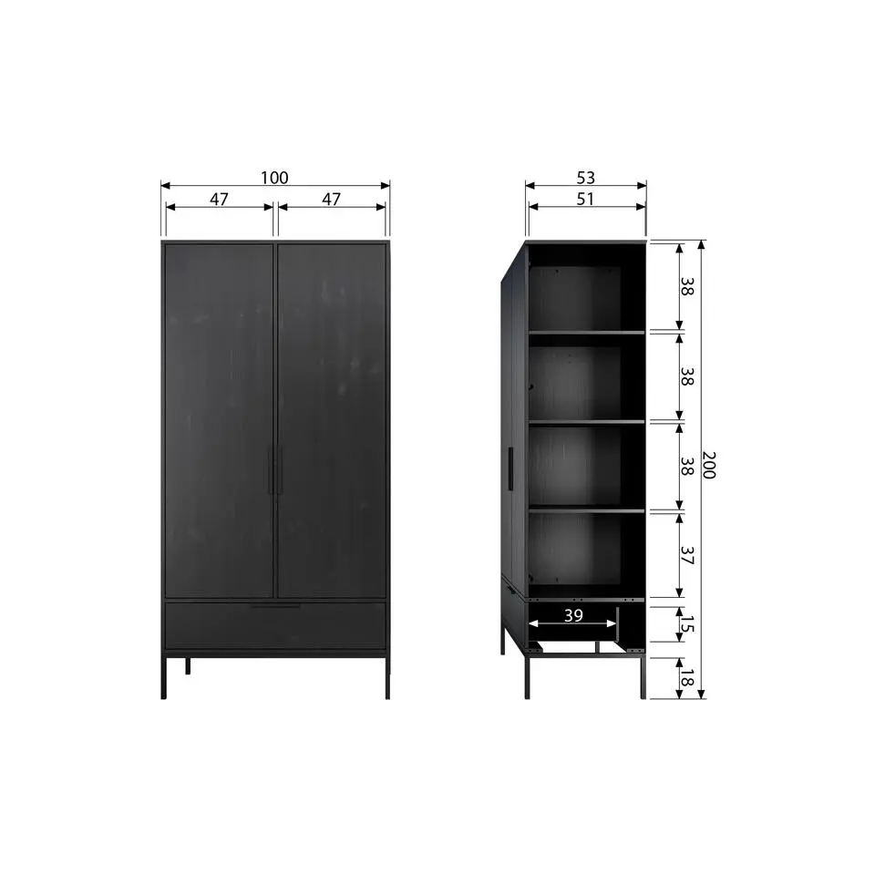 WOOOD Adam Kast 2-deurs - Grenen - Zwart - 200x100x53