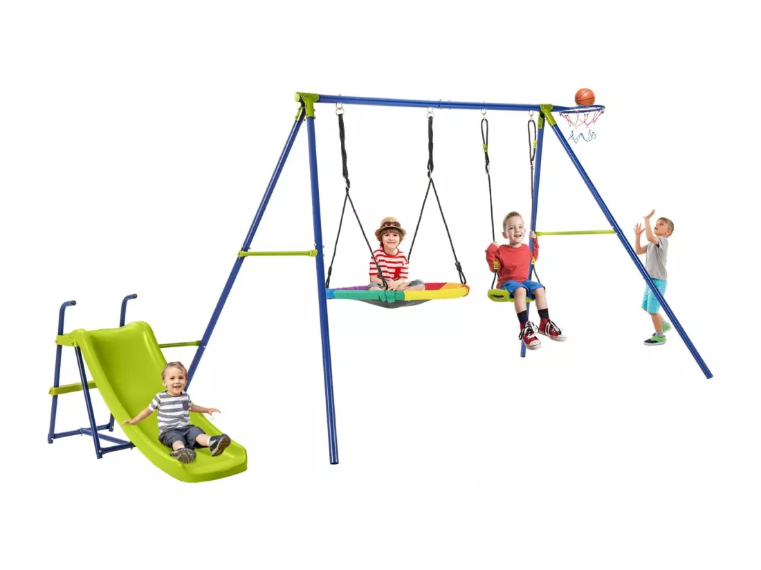 Portique de Balançoire 4 en 1 avec Toboggan & Panier de Basket, Balançoire Nid d'Oiseau Ø82 cm et en U avec Hauteur Réglable, Charge 50kg pour 4 Enfants de 3-12 Ans