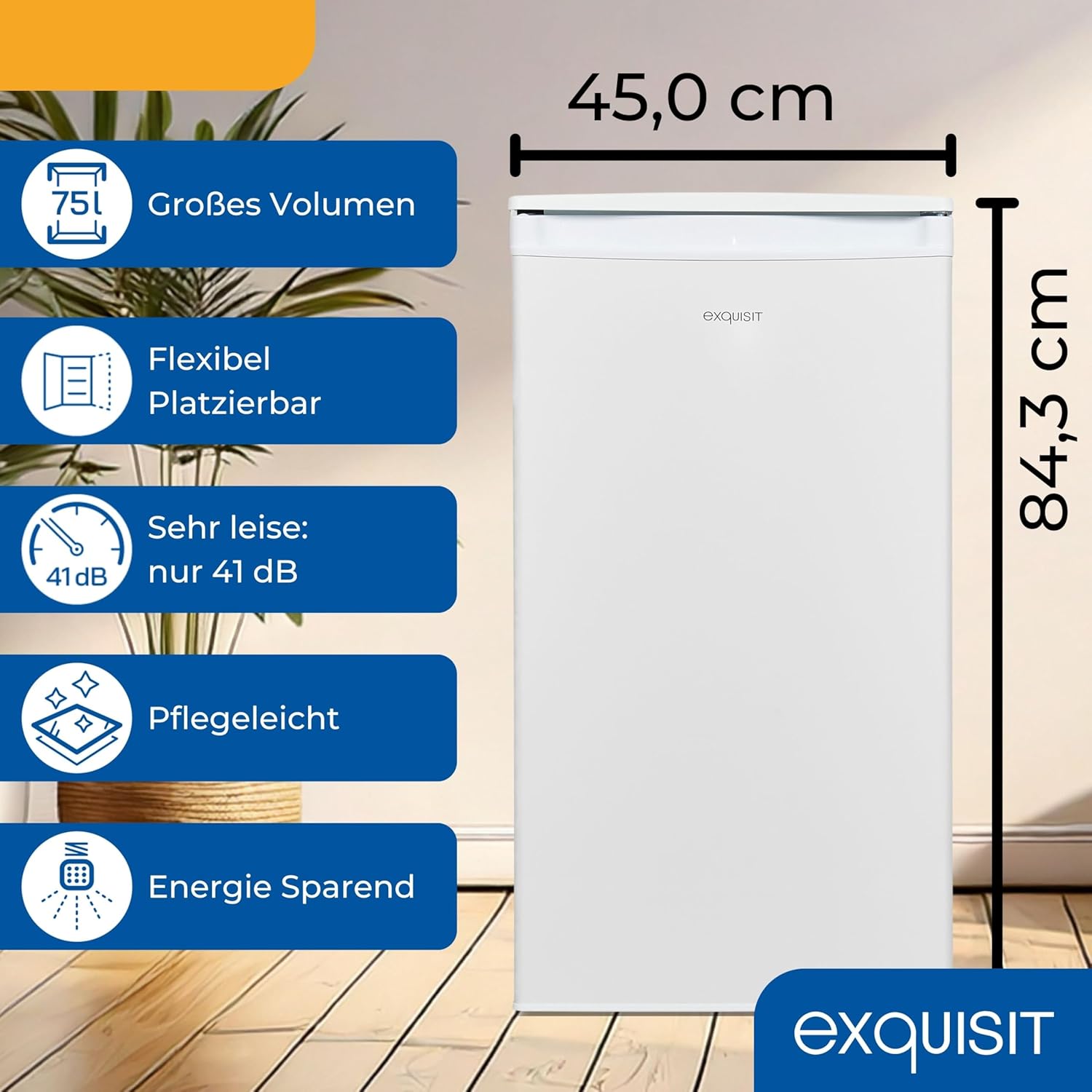 Exquisit Vollraumkühlschrank | 76 l Nutzinhalt, Energieeffizienzklasse E, 41 dB(A) | kompakt, LED-Innenbeleuchtung, manuelle Temperaturregelung, Glasablagen, Gemüseschublade | KS585-V-091E weiss