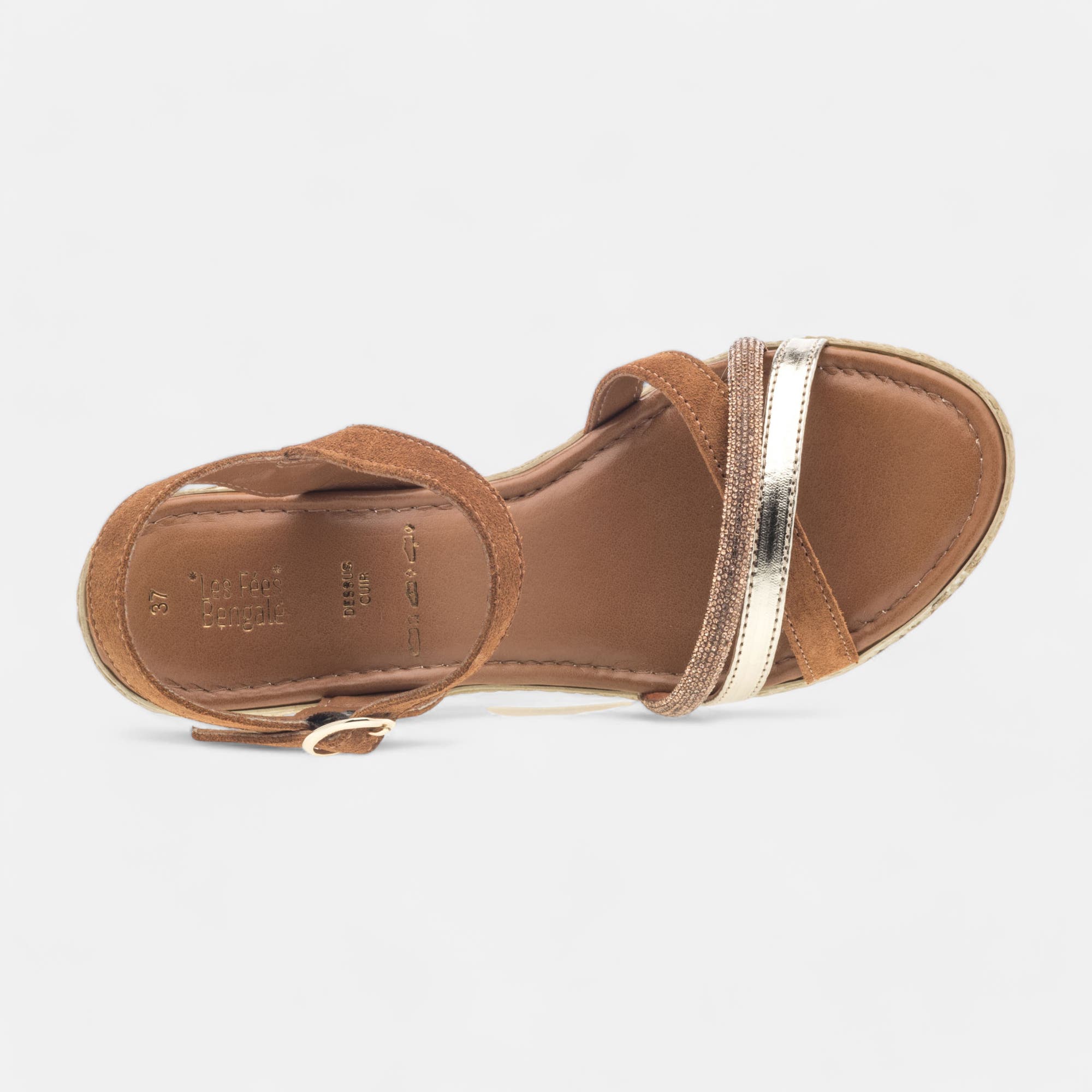 Nu-pieds à talon compensé Femme en cuir cognac