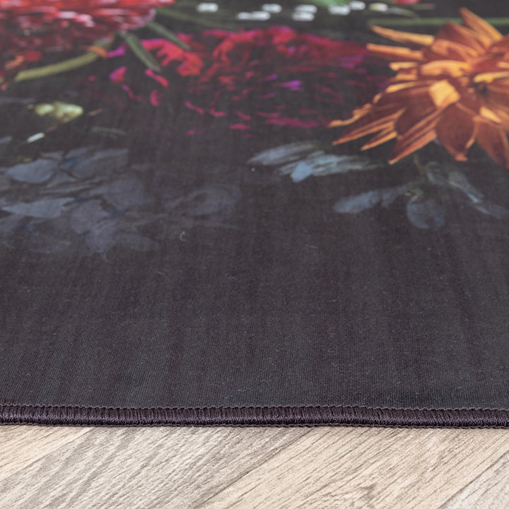 Bloemen vloerkleed - Florine Zwart/Roze | Kleurrijk