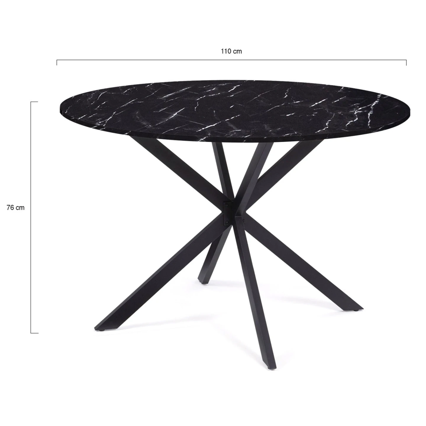 Table à manger ronde ALIX 6 personnes pied araignée noir et plateau effet marbre noir ALASKA 110 cm