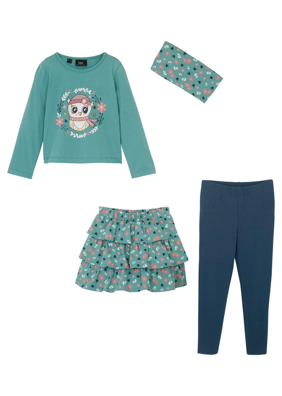 T-shirt manches longues, jupe, legging, bandeau fille (Ens. 4 pces.)