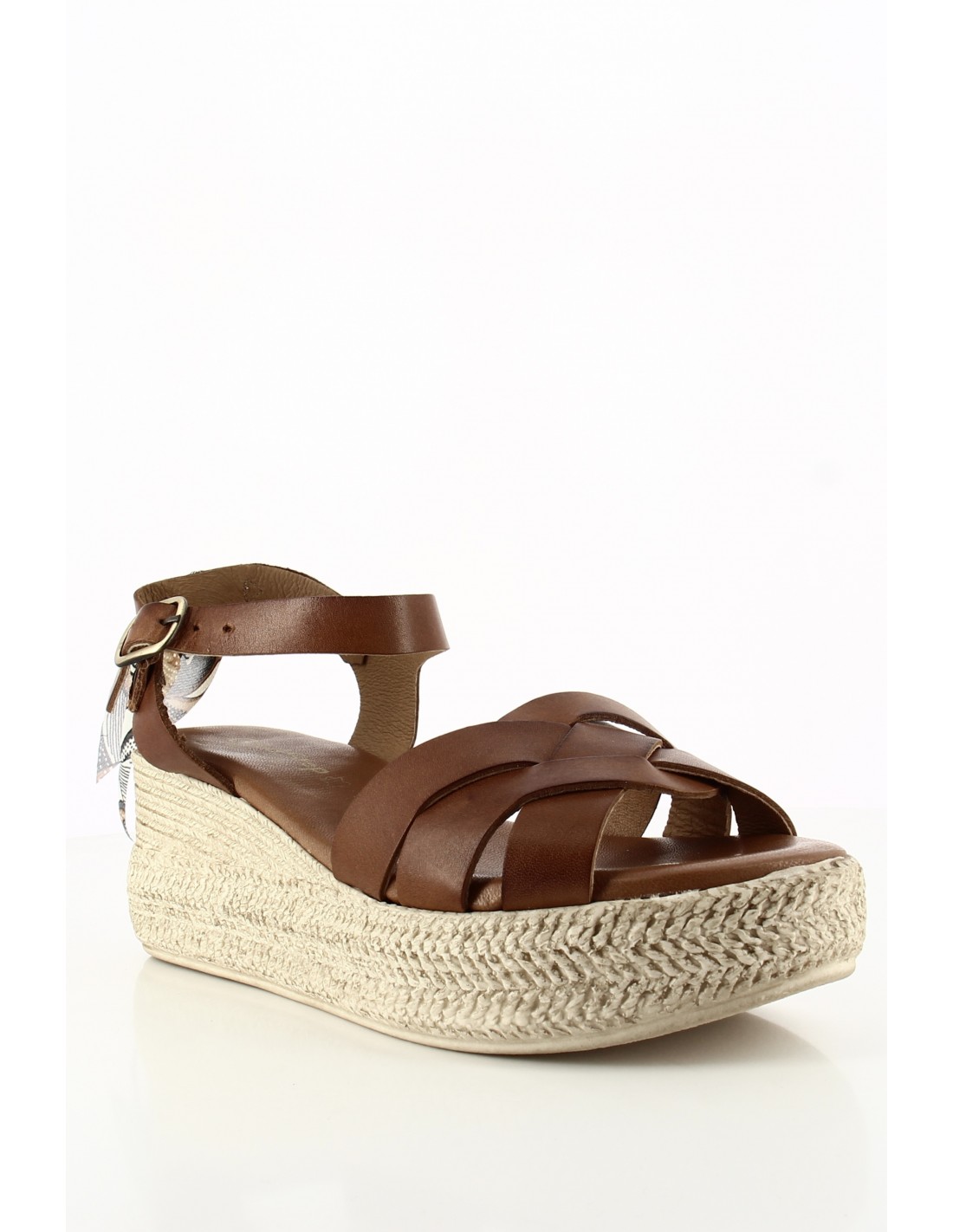 goodstep Sandales Compensées Chantal Cuir Marron et Foulard