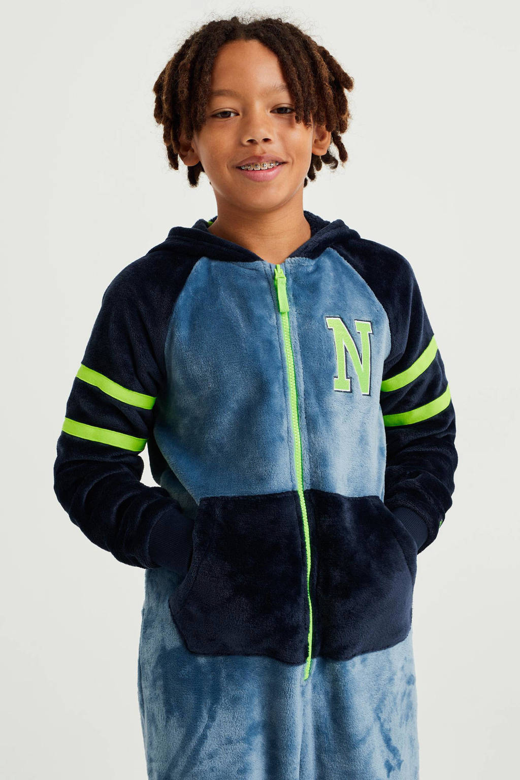 WE Fashion fleece onesie donkerblauw/lichtblauw