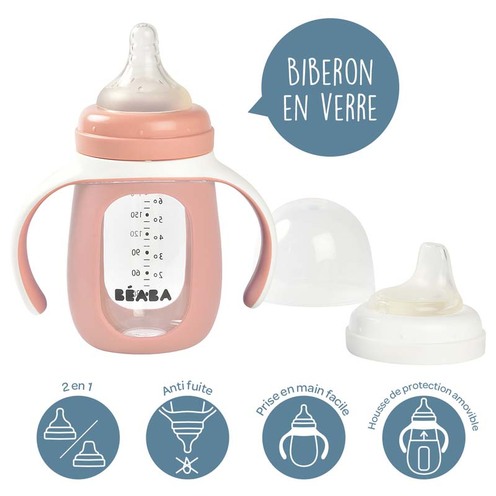 Biberon verre d'apprentissage 2en1 + housse silicone Old Pink - BEABA
