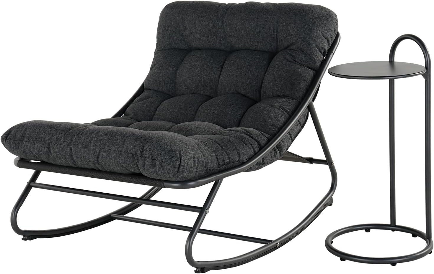 Grand patio schaukelstuhl Outdoor mit Beistelltische und Kissen, Schaukelliege Wetterfester Relaxstuhl aus Metall für Garten, Wohnzimmer, Hof, Terrasse und Balkon, bis 150 kg Belastbar - Schwarzgrau
