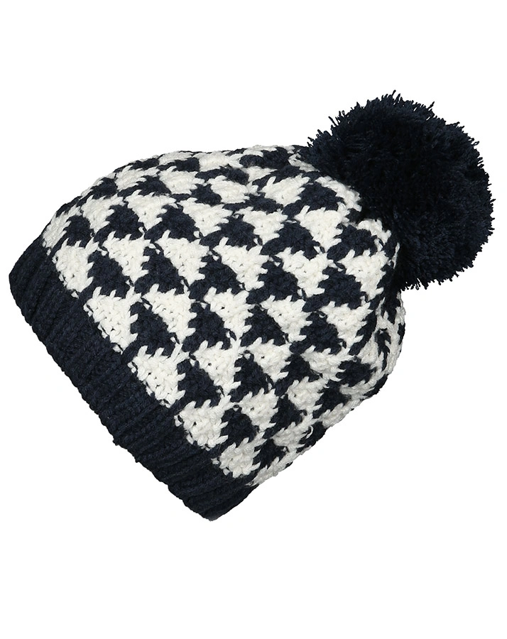 Strick-Mütze PINK ROSE – DREIECKE mit Bommel in navy/wollweiß