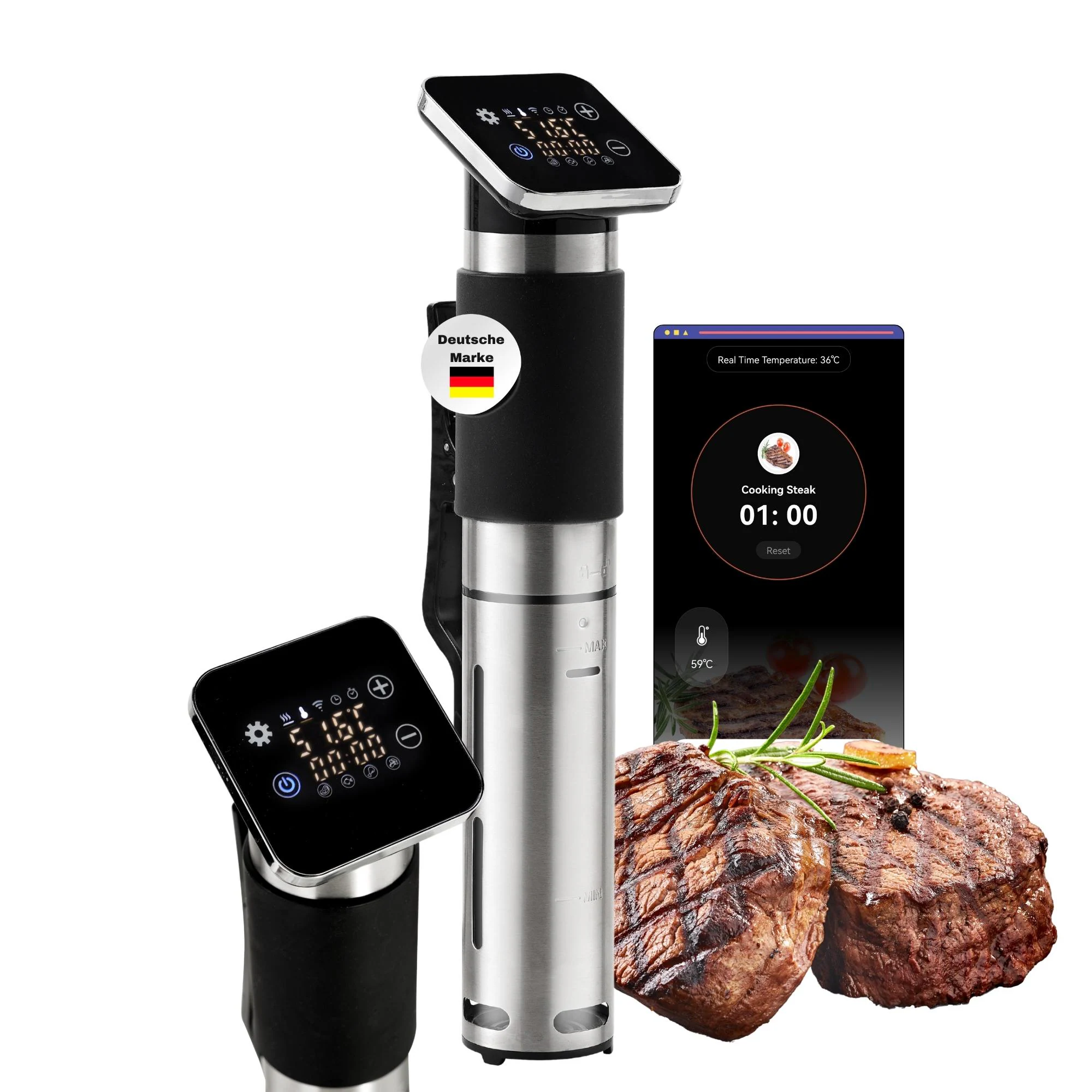 Sommertal TS1300 Sous Vide Stick Garer Stab, WiFi WLAN App Steuerung, Präzisionskocher Temperatureinstellung 0°C bis 90°C, wasserfest IPX7, Timer, Smart Home, 1300W, TÜV GS geprüft