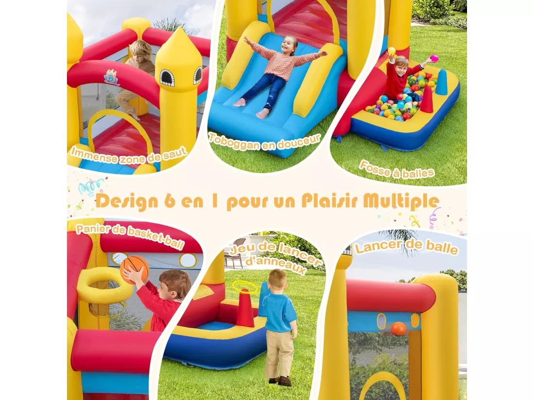 Château Gonflable 6 en 1 Enfants avec Souffleur 480W, Maison de Saut Gonflable en Tissu et velours Oxford avec Piscine à Balles, Panier de Basket, Toboggan, 50 Balles pour Jardin Pelouse Fête, 3-10 Ans