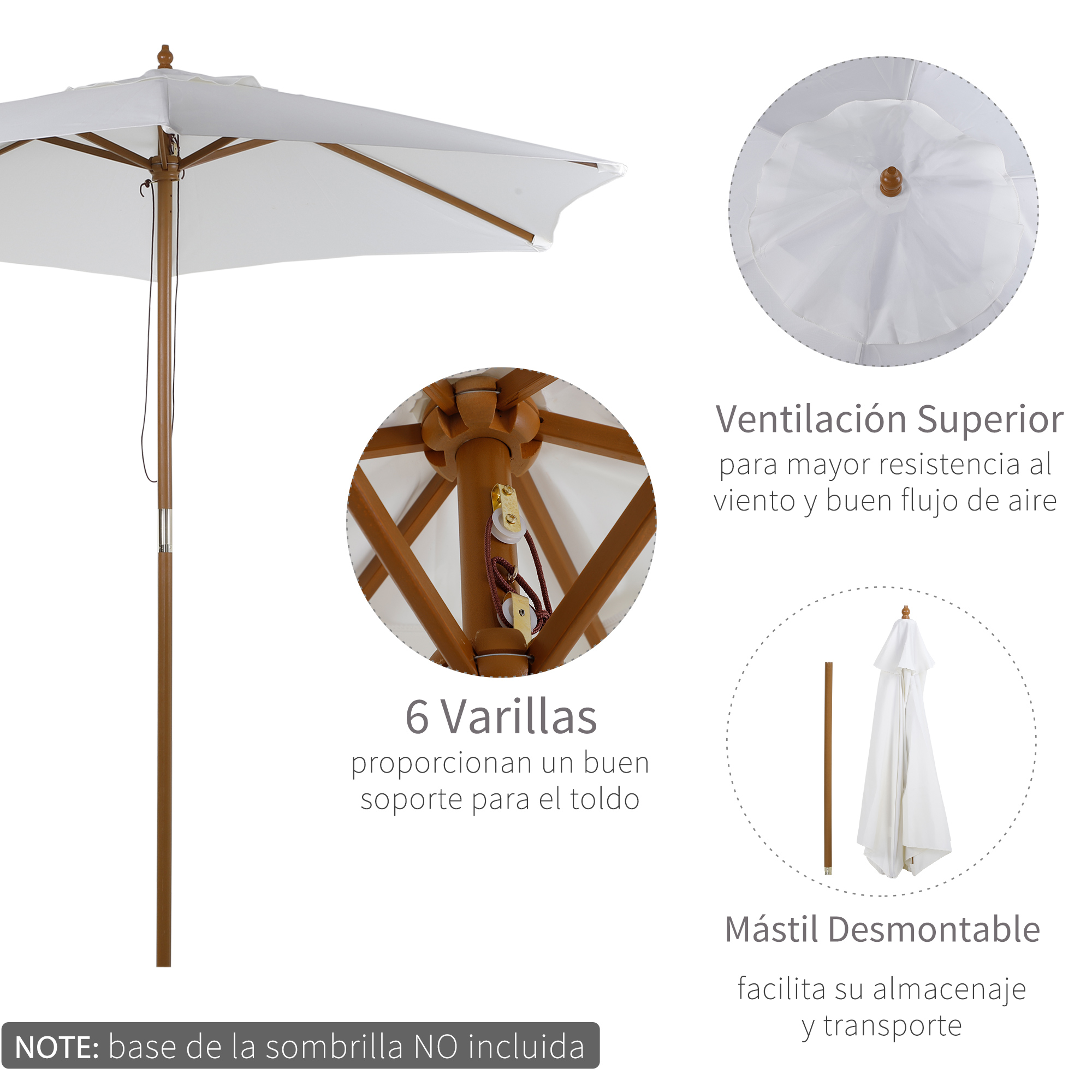 Guarda-sol de madeira Outsunny Ø250x230cm para uso externo com 6 varetas, sistema de corda com fixação removível, portátil, fácil de guardar e transportar, branco