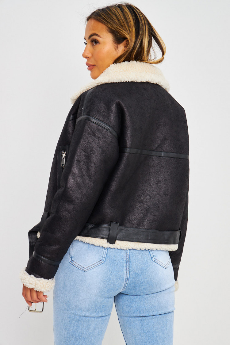 Bomber aviateur noir court peau de mouton beige