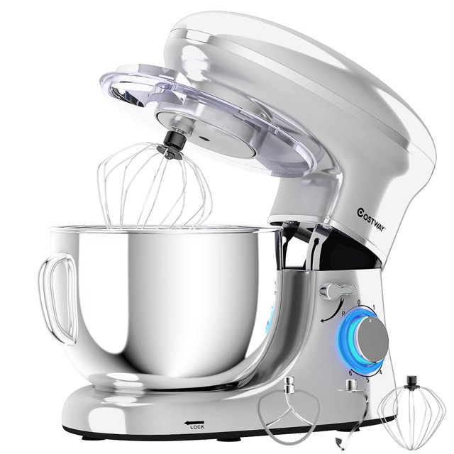Batedeira de pedestal Costway de 6 velocidades, 660 W, com gancho para massa e batedor de arame, 6,3 qt (6,3 litros), branca.