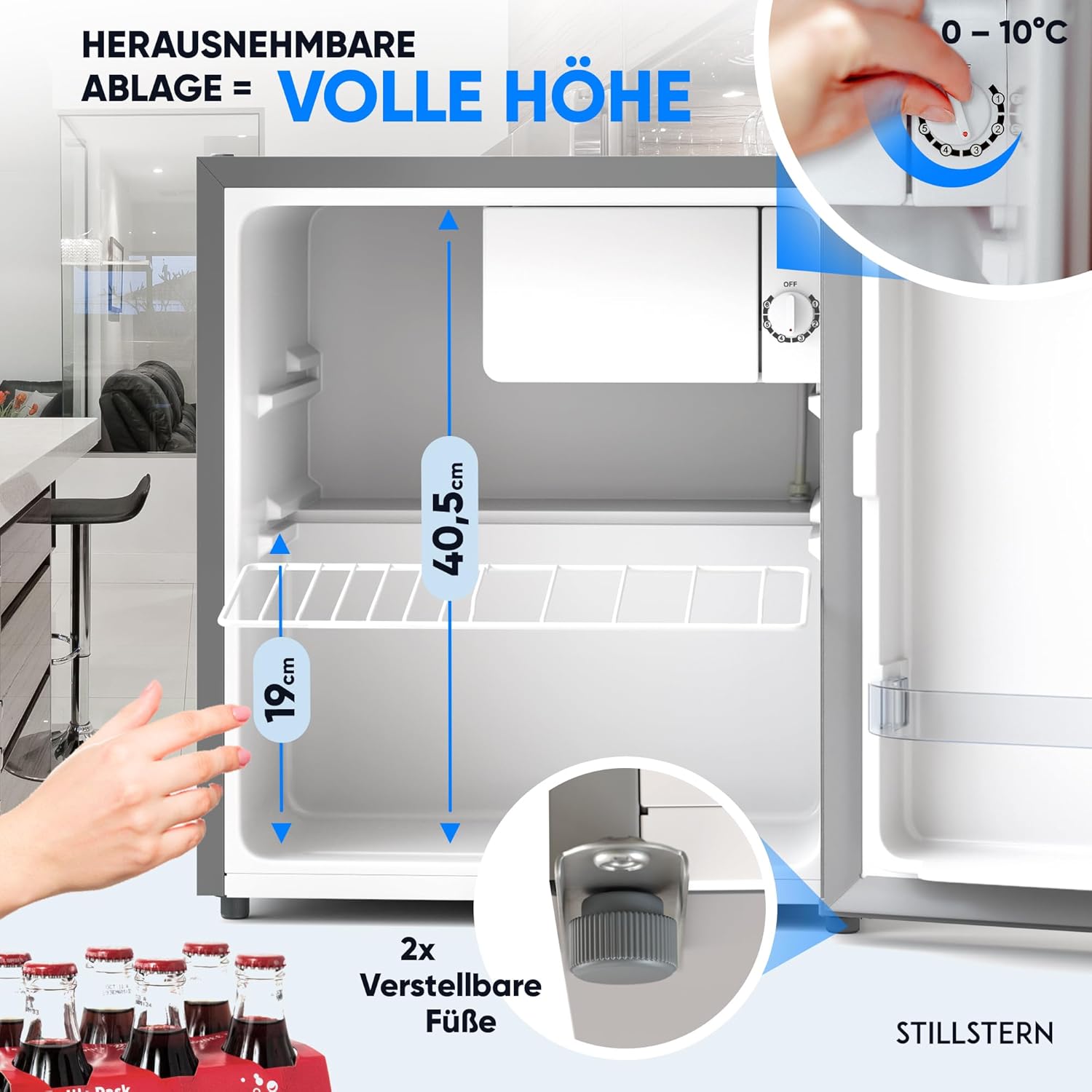 Stillstern Mini Kühlschrank E 45L mit Abtauautomatik, Schloss, Frostfach, Leise, Ideal für Küche, Büro, Schlafzimmer, Hotels und kleine Wohnungen Kühlschrank klein Minibar R600A Getränkekühlschrank