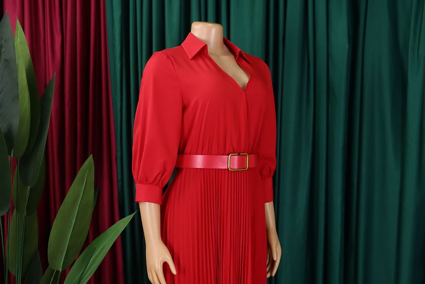 maschaka - Plus Size Lange Mouw V-hals Maxi Jurk met Riem
