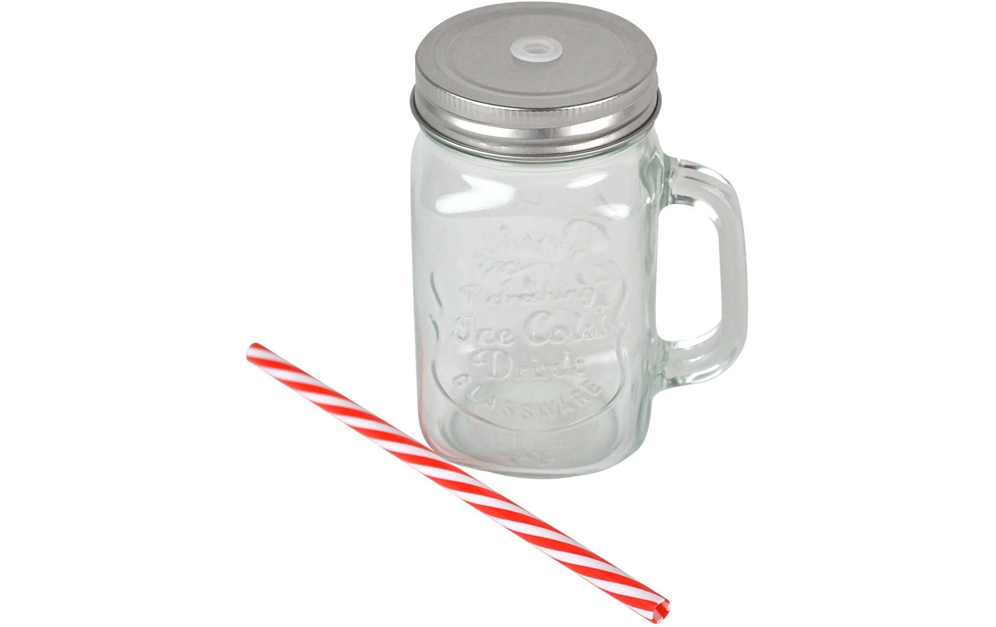 Trinkglas mit Halm und Karaffe 420 ml, 1 Stück, TransparentSechsteiliges Gläser-Set im Mason-Jar-Stil