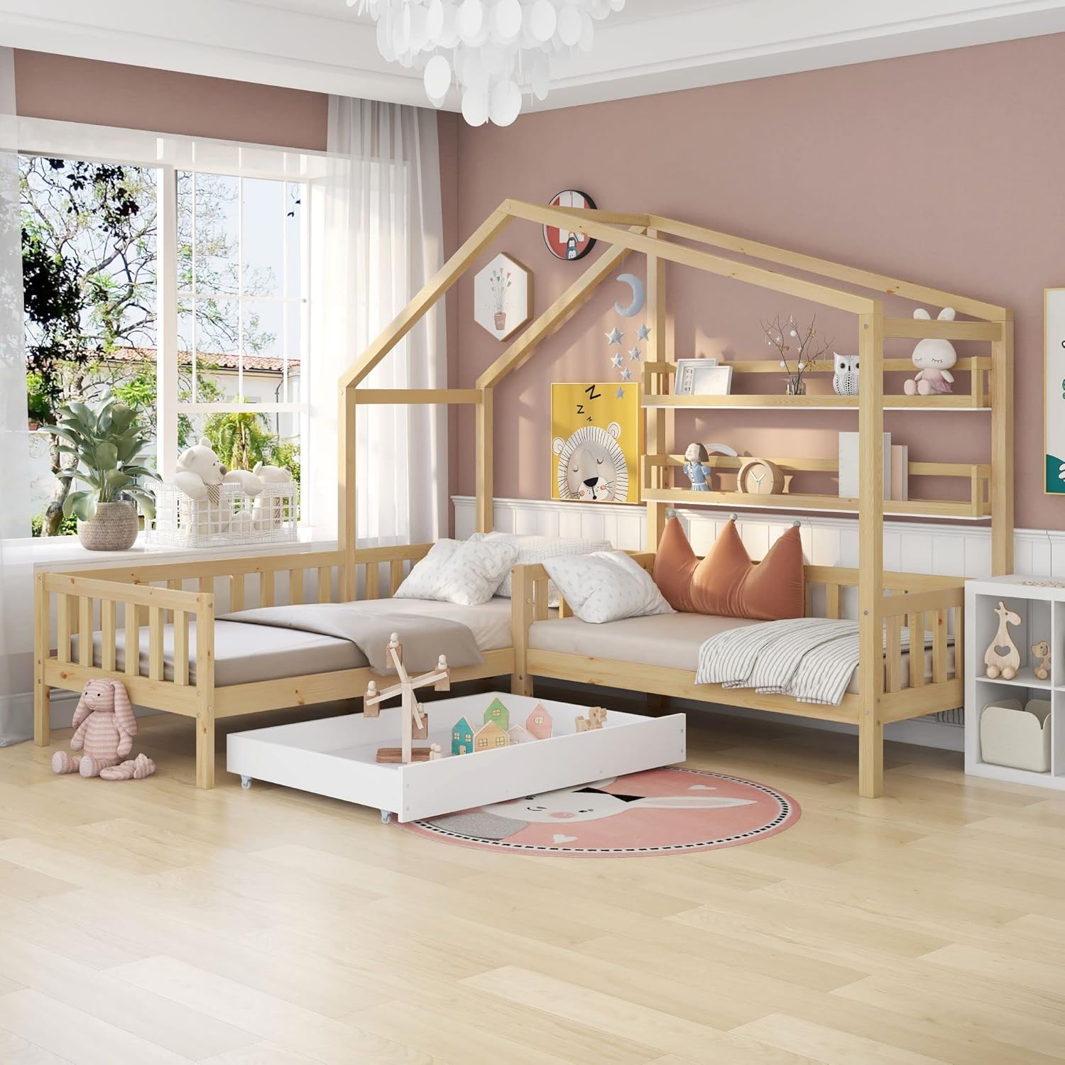 Lexiou Kinderbett Hausbett mit Schubladen und Regalen, Massivholz mit Zaun und Lattenrost, L-Struktur (Natur)
