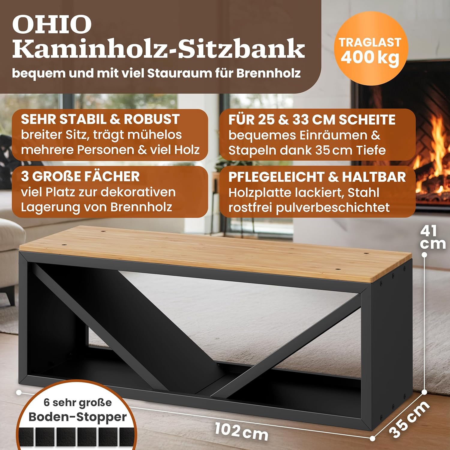 BLACK OAK Kaminholz Regal OHIO 102x41x35cm - Sitzbank für Brennholz Kaminholzregal für innen schwarz modern stabil Stahl + Holz - Metall pulverbeschichtet rostfrei Kaminholz-Sitzbank bis 400 kg Holz