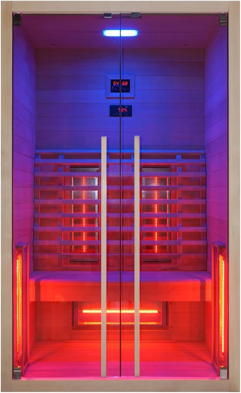 Sanotechnik Infrarotkabine RUBY 2 - für 2 Personen geeignet, inkl Vollspektrumstrahler - 120x100x195 cm - Wärmekabine mit MP3 Player & Bluetooth - LED Beleuchtung (7 Farben) - Infrarot-Sauna