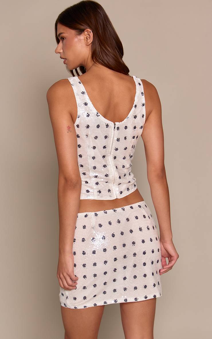 Crème Ensemble Coordonné Jupe Mini À Pois Sequins