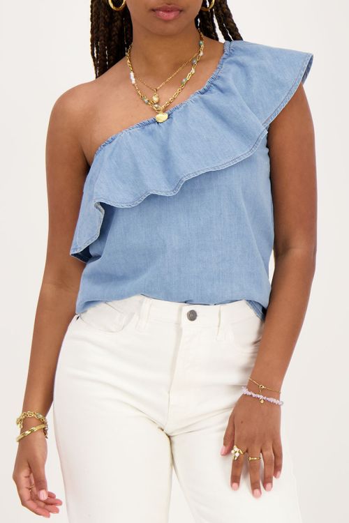 Denim one-shoulder top met ruffle