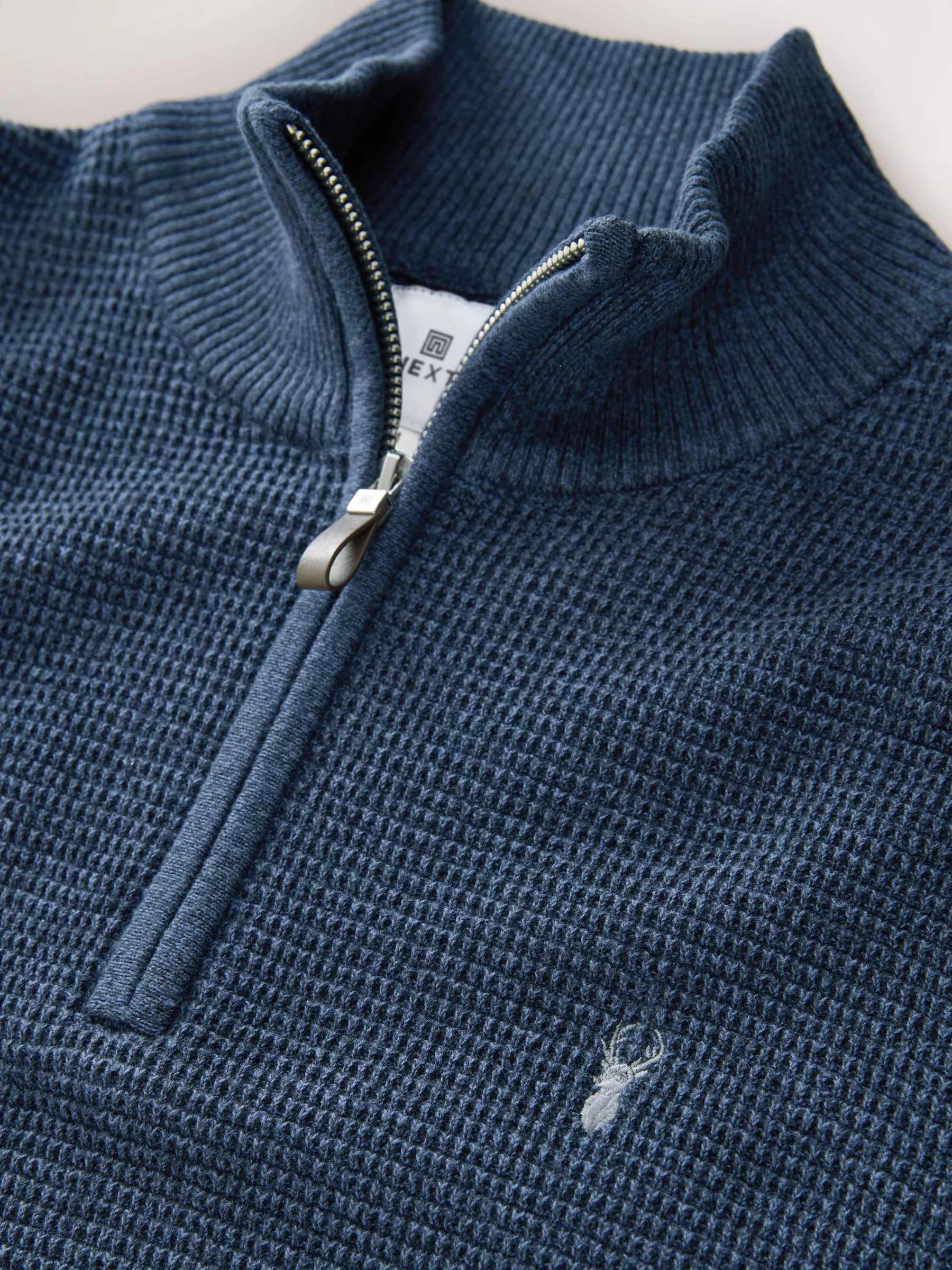 Blauw - Hertlogo - Regular Fit 100% Cotton Textured Premium Quarter Zip Jumper