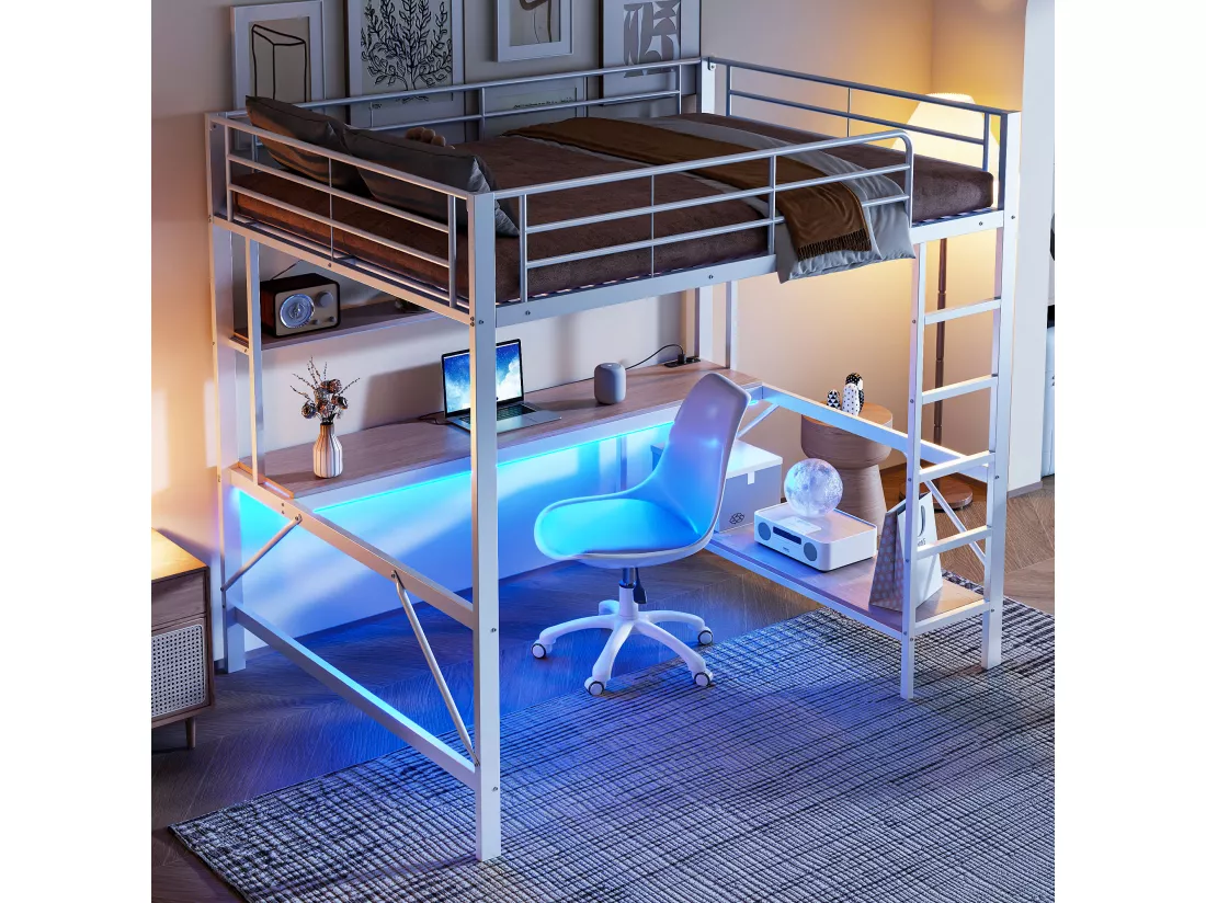 Lit mezzanine garde-corps et escabeau - 140 x 200 cm - avec USB et secteur - LED et bureau - sans matelas - métal - white