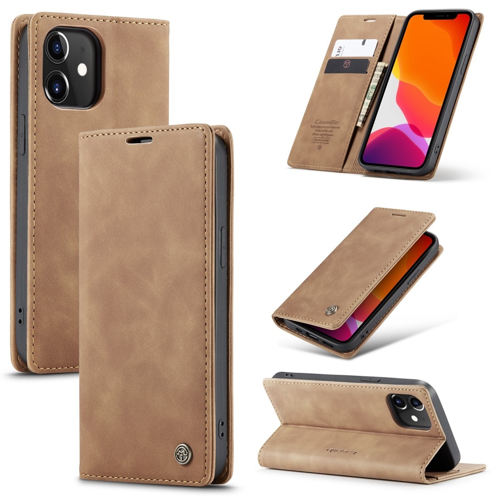 iPhone 12 / iPhone 12 Pro Leder Tasche Flip Wallet Etui mit Kartenfächern - Hellbraun