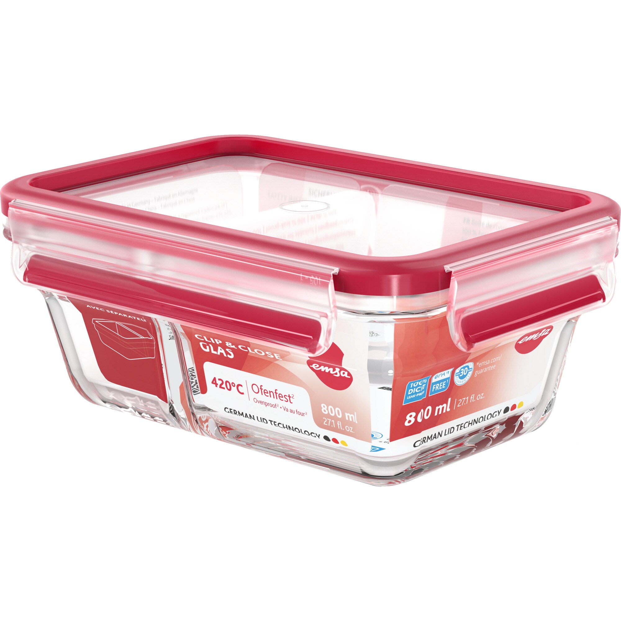 Emsa Dose CLIP & CLOSE Glas-Frischhaltedose 0,8 Liter, getrennt