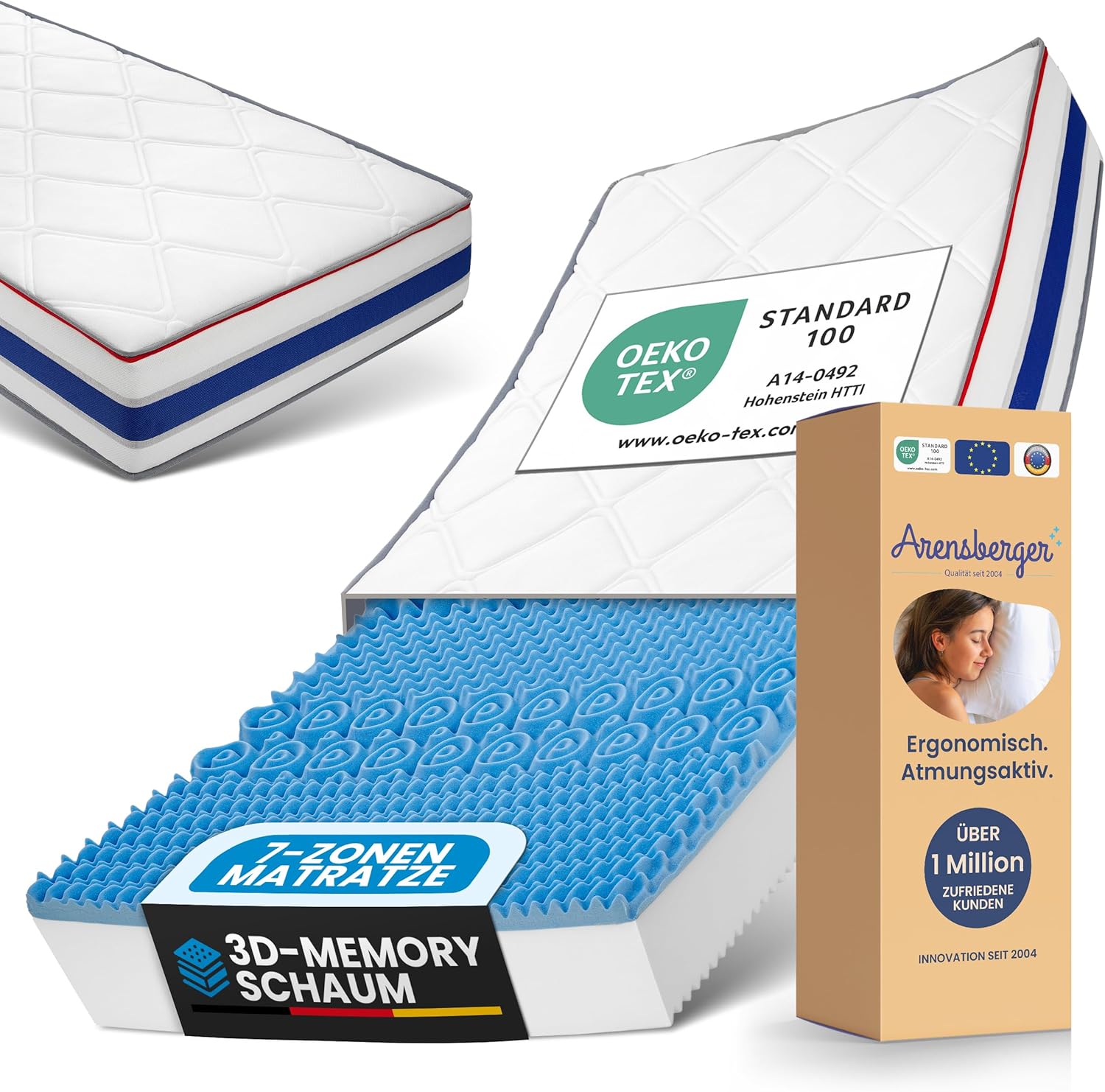 Arensberger RELAXX Matratze 90x200 cm | Kaltschaummatratze mit 3D Memory Schaum | ergonomische Höhe 25cm | wendbarer Härtegrad H2/H3 | Gel Schaum Bezug | 90x200cm Rollmatratze punktelastisch