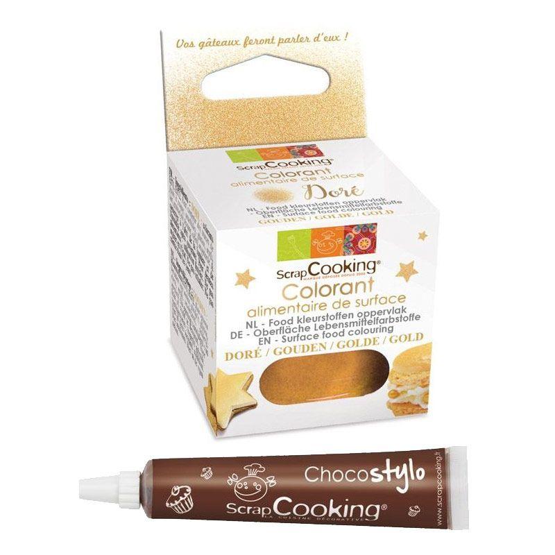 Colorant alimentaire de surface doré + Stylo chocolat Scrapcooking