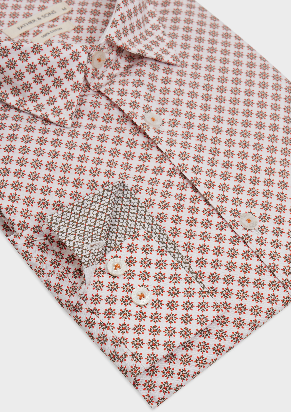 Chemise sport Slim en popeline de coton blanc à motif fantaisie kaki et rouge