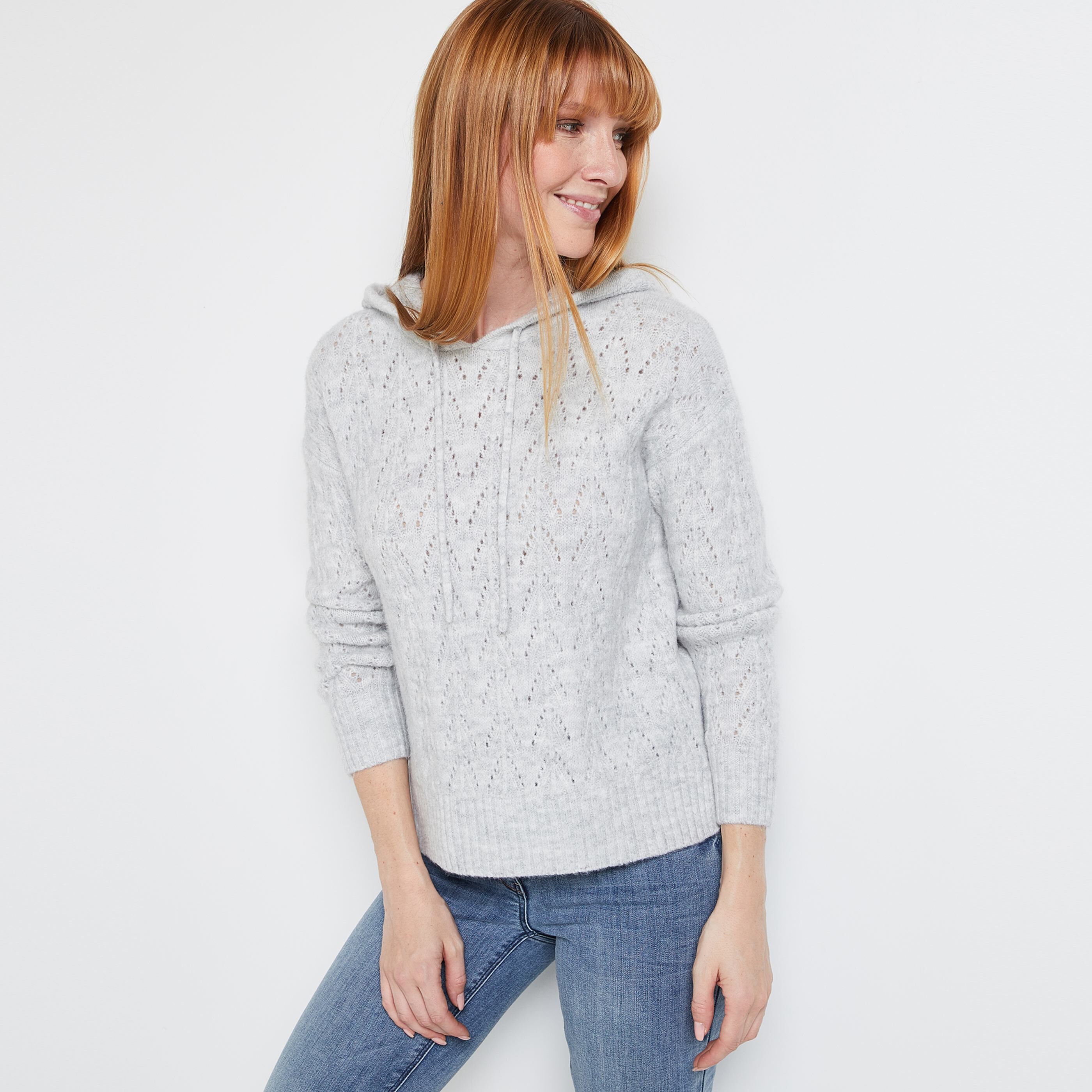 Pull ajouré à capuche femme - GRIS