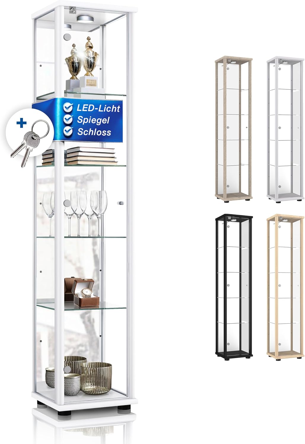 Sammlervitrine (176x37x33cm) - Made in Germany - Vitrinenschrank Weiss mit 4 höhenverstellbaren Glasböden, Spiegel, Schloss & LED - Glasvitrine Stehend - Display Cabinet