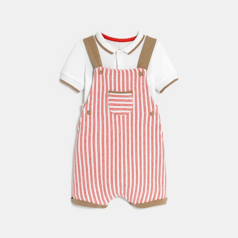 Salopette courte molleton rayée et body rouge bébé garçon Orange